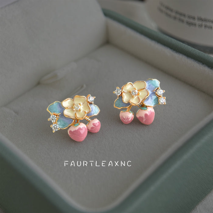 Gold Enamel Flower Blue Leaf Pink Strawberry Stud Earrings