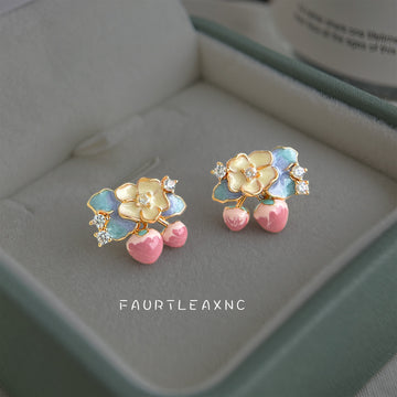 Gold Enamel Flower Blue Leaf Pink Strawberry Stud Earrings