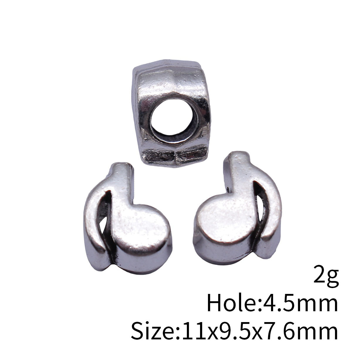 11x9.5x7.6mm 2g Antique Silver Tone Zinc Alloy Music Note Large Hole Beads for DIY Bracelet Jewelry