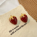 Red and Navy Strawberry Gold Tone Statement Stud Earrings view 4