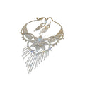 Silver Tone Floral Crystal Necklace Earring Set With Leaf Loops And Fringe view 5