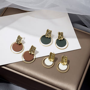Gold Textured Geometric Disc Ring Drop Earrings Three Colors