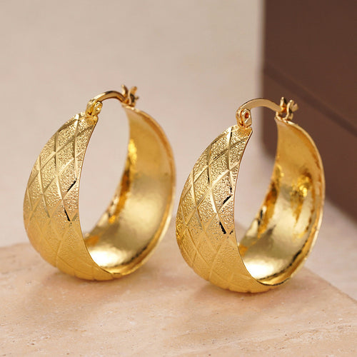 Crosshatched broad gold-tone hoop earrings