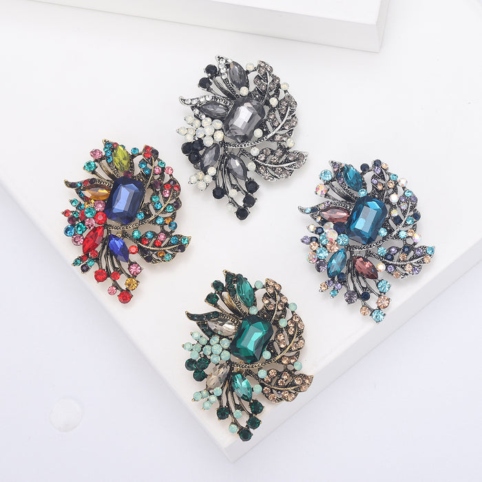 Antique Leaf Cluster Brooch Large Center Crystal Four Colors