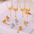 Gold Steel Bow Pendant Necklace Heart Drop Ball Earrings view 4
