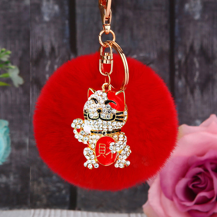 Crystal Lucky Cat Keychains with Faux Fur Pompoms in Sixteen Options