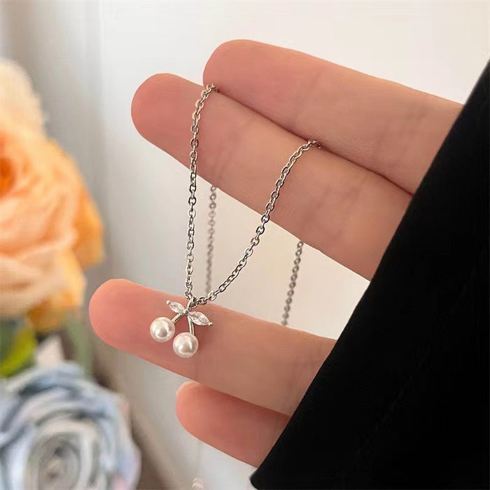 Silver-Tone Cherry Pendant Necklace with Pearl Beads and Leaves