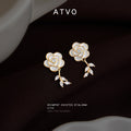 Gold White Enamel Camellia Crystal Leaf Drop Stud Earrings view 4