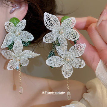 White Lace Floral Earrings With Green Leaves and Bead Drops