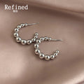 Silver Beaded Ball Hoop Earrings Graduated Metal Sphere Cuffs view 6