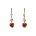 Gold Long Drop Red Heart CZ Earrings Pavé Halo Design view 5