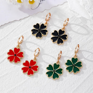 Gold Tone Five Petal Clover Enamel Huggie Earrings Three Colors