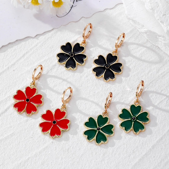 Gold Tone Five Petal Clover Enamel Huggie Earrings Three Colors