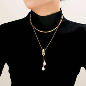 Heart Pearl Drop Necklace And Snake Chain Gold Steel