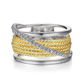 Two-Tone Gold Silver Rope Twist Pave Wide Band Ring Sizes 6-10 view 1
