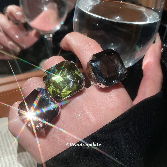 Silver Square Faceted Crystal Open Ring Three Colors