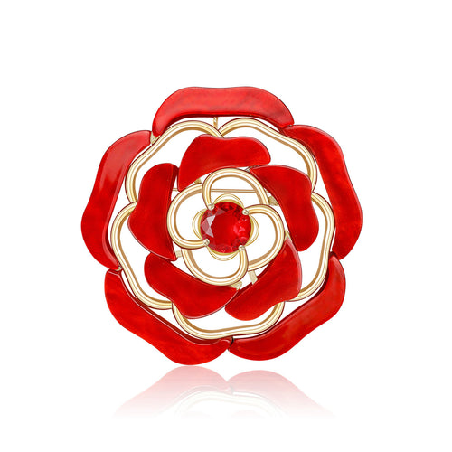 Red acrylic openwork rose brooch with gold frame and red crystal center
