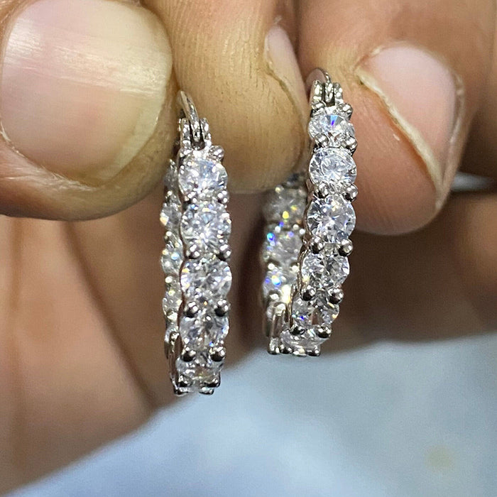 Double-Row Round Clear Stone Hoop Earrings Silver Tone