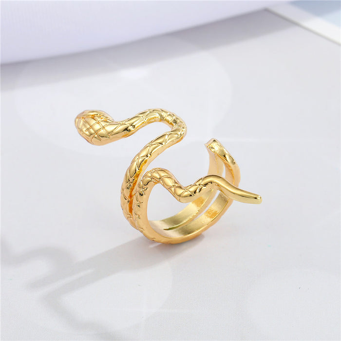 Gold Tone Coiled Snake Adjustable Statement Ring with Textured Scales