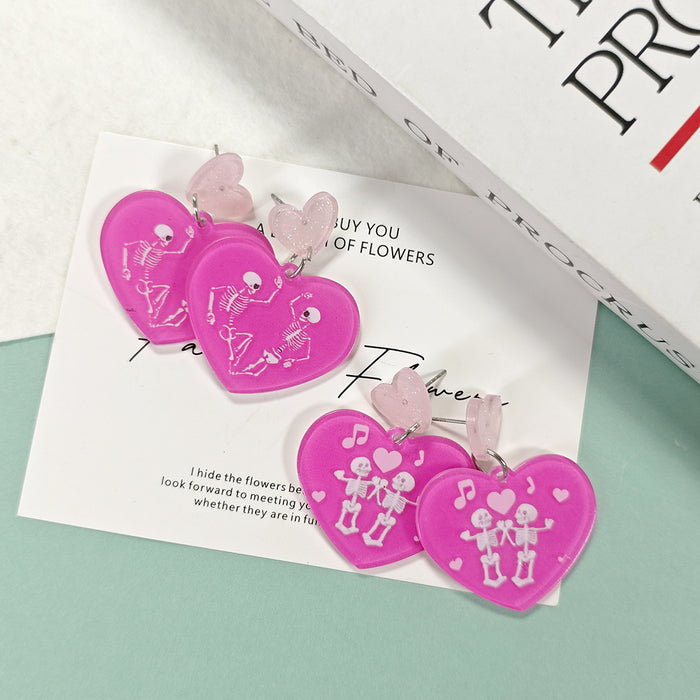 Magenta Acrylic Heart Skeleton Drop Earrings 2 Motifs
