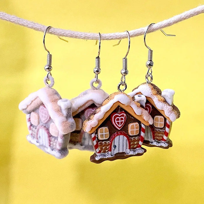 Resin Snow House Drop Earrings Smooth and Flocked Two Styles