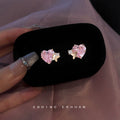 Gold Tone Pink Heart Stone And Butterfly Stud Earrings view 1