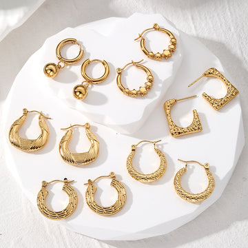 Textured Geometric Hoop Earrings in Eight Gold Tone Designs