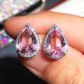 Silver Tone Pink Pear Teardrop Halo Clear Stud Earrings view 2