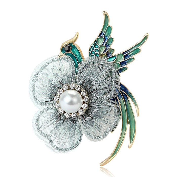 Fabric Flower Phoenix Brooch With Faceted Crystals And Polished Metal Details