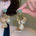Green Stone And Amber Leaf Cluster Drop Stud Earrings view 1
