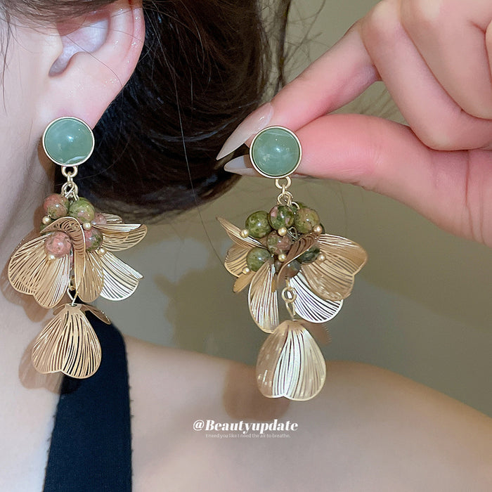 Green Stone And Amber Leaf Cluster Drop Stud Earrings