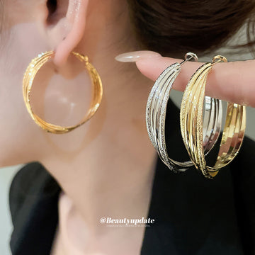 Gold Tone Textured Crossover Multi Band Open Hoop Earrings