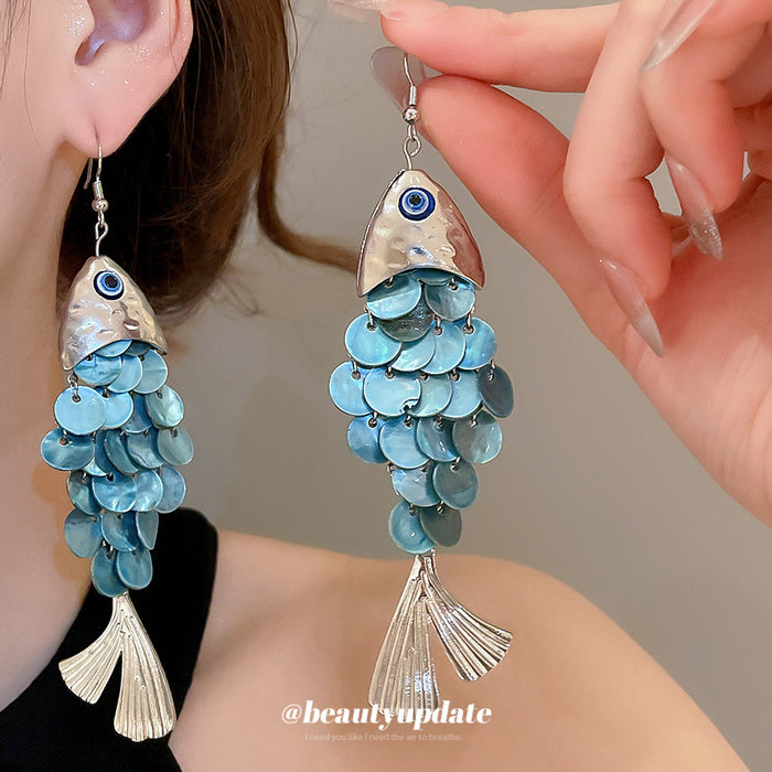 Layered Shell Fish Drop Hook Earrings in Gold and Silver Tones