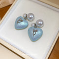 Blue Heart Bow Drop Stud Earrings With Faux Pearl Tops view 2