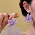 Purple Fabric Flower Drop Earrings With Pearl Heart Tops view 2