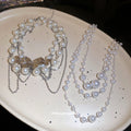 White Pearl Look Layered Necklace with Silver Tone Butterfly view 4