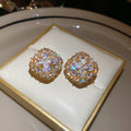 Gold Tone Round Crystal Cluster Stud Earrings With Floral Pattern view 6