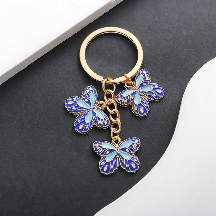 Blue Butterfly Enamel Charm Keychain with Gold Tone Hardware