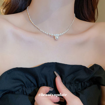 Silver Crushed Chain White Pearl Pendant Necklace Drop