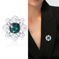 Round Pearl Halo Brooch With Large Square Jewel Center view 2