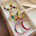 Rainbow Woven C Hoop Stud Earrings With Gold Tone Trim view 3