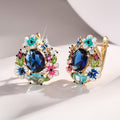 Gold Tone Floral Enamel Blue Oval Center Stud Earrings view 5
