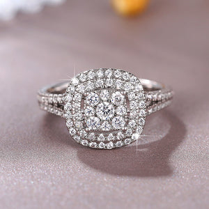 Silver-Tone Square Halo Ring with Clear Stones and a Brass Band