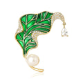 Ginkgo Leaf Enamel Brooch With Pearl and Crystal Drop view 5
