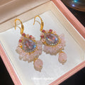 Ornate Crystal Teardrop Earrings With Pink Bead Drops view 4