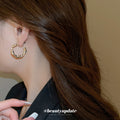 Textured Gold Tone C Hoop Stud Earrings with Crystal Accents view 4