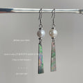 Silver Tone White Pearl And Iridescent Triangle Shell Hook Earrings view 1