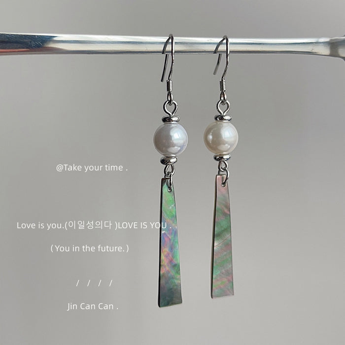 Silver Tone White Pearl And Iridescent Triangle Shell Hook Earrings