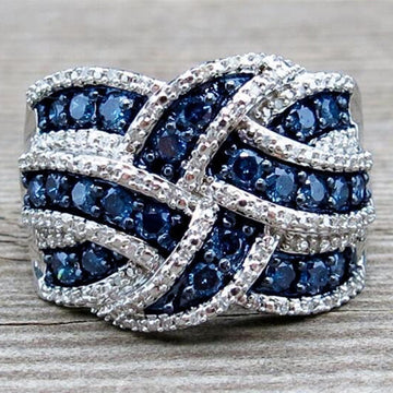 Wide Woven Knot Clear And Blue Stone Ring In Silver Tone