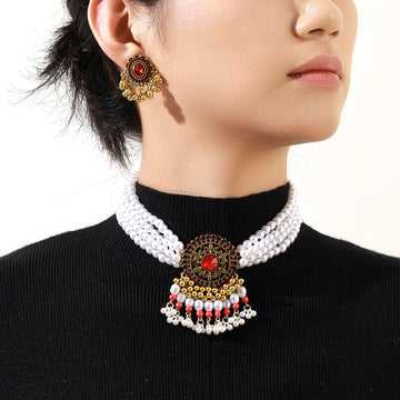 Pearl Look Necklace and Earring Medallion Jewelry Sets
